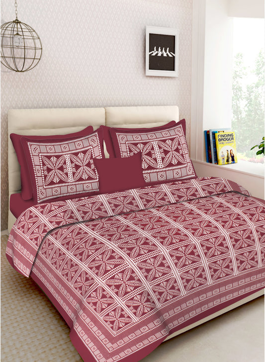 Lali Prints Jaipuri Maroon Printed Cotton 130 TC Queen Bedsheet with 2 Pillow Covers