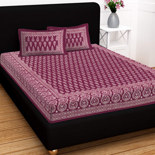 Lali Prints Maroon & White Printed Cotton 130 TC Queen Bedsheet With 2 Pillow Covers