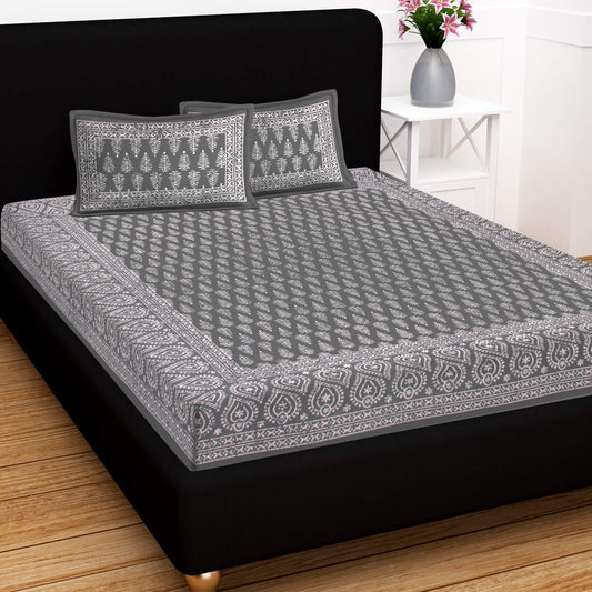 Lali Prints Grey & White Ethnic Motifs Cotton 130 TC Queen Bedsheet with 2 Pillow Covers