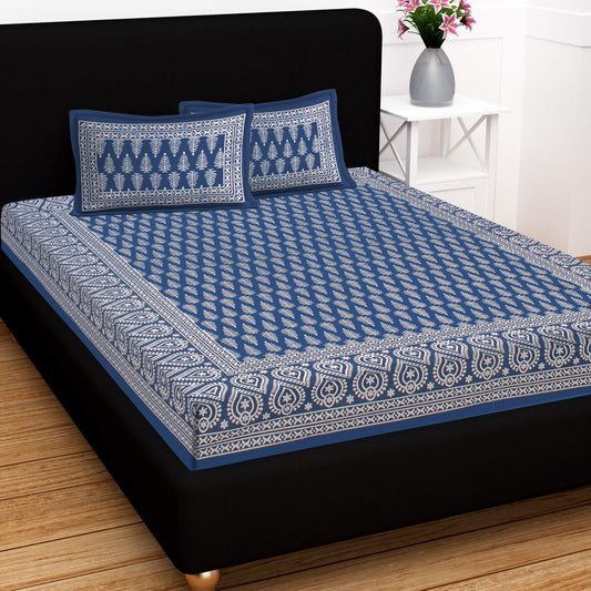 Lali Prints Blue & White Ethnic Motifs Cotton 130 TC Queen Bedsheet with 2 Pillow Covers