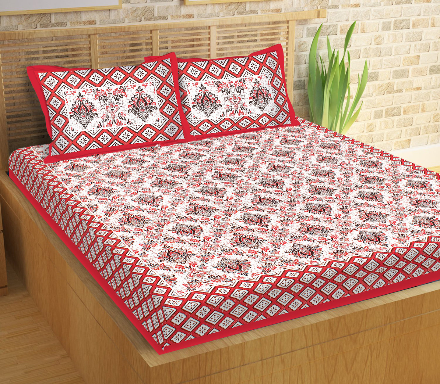 Lali Prints White & Red Printed Cotton 130 TC Queen Bedsheet With 2 Pillow Covers