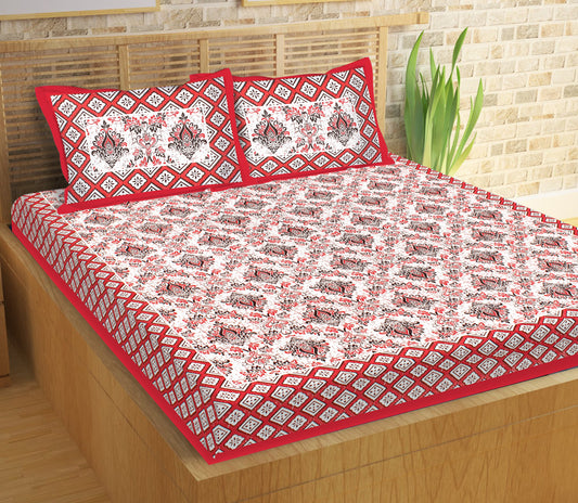 Lali Prints White & Red Printed Cotton 130 TC Queen Bedsheet With 2 Pillow Covers