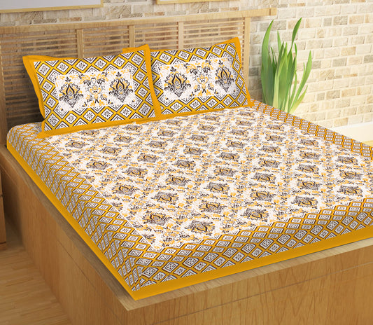 Lali Prints Jaipuri Yellow & White Floral Cotton 130 TC Queen Bedsheet & 2 Pillow Covers