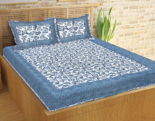 Lali Prints Jaipuri Blue & White Graphic Cotton 130 TC Queen Bedsheet With 2 Pillow Covers