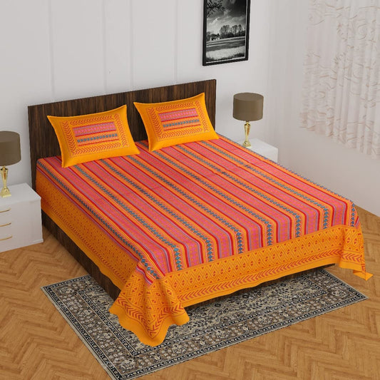Lali Prints Yellow & Red Geometric Cotton 130 TC Queen Bedsheet with 2 Pillow Covers