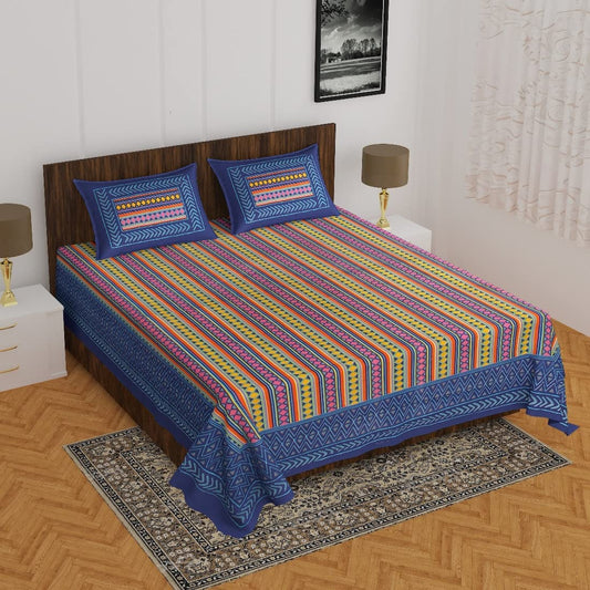 Lali Prints Blue & Pink Geometric Cotton 130 TC Queen Bedsheet with 2 Pillow Covers