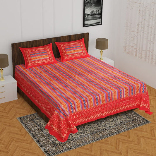 Lali Prints Red & Yellow Geometric Cotton 130 TC Queen Bedsheet with 2 Pillow Covers