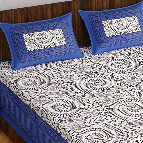Lali Prints Jaipuri Blue Printed Cotton 130 TC Queen Bedsheet with 2 Pillow Covers