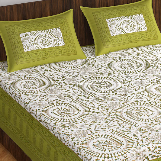 Lali Prints Jaipuri Green Printed Cotton 130 TC Queen Bedsheet with 2 Pillow Covers