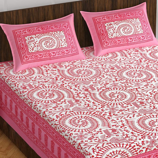 Lali Prints Pink & White Ethnic Motifs Cotton 130 TC Queen Bedsheet with 2 Pillow Covers