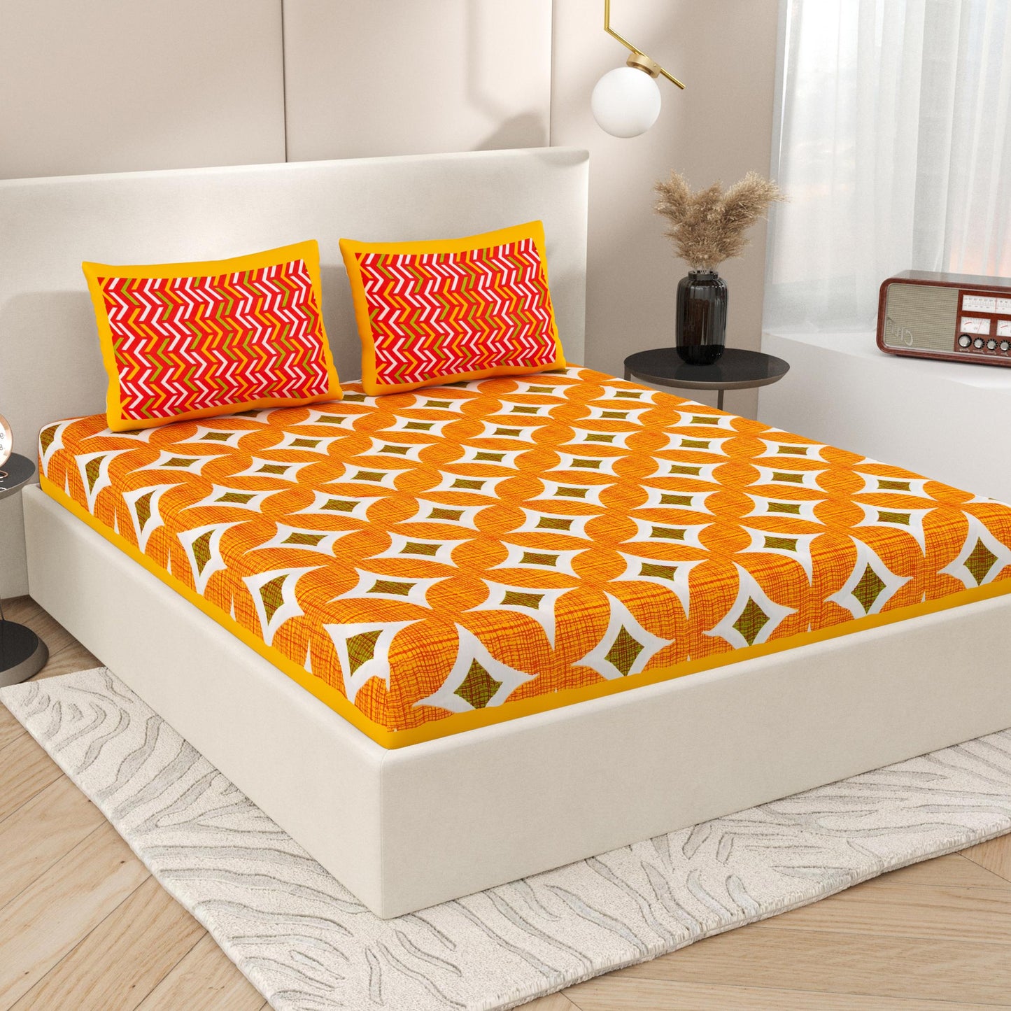 Lali Prints Orange Geometric Printed 130 TC Queen Bedsheet with 2 Pillow Covers