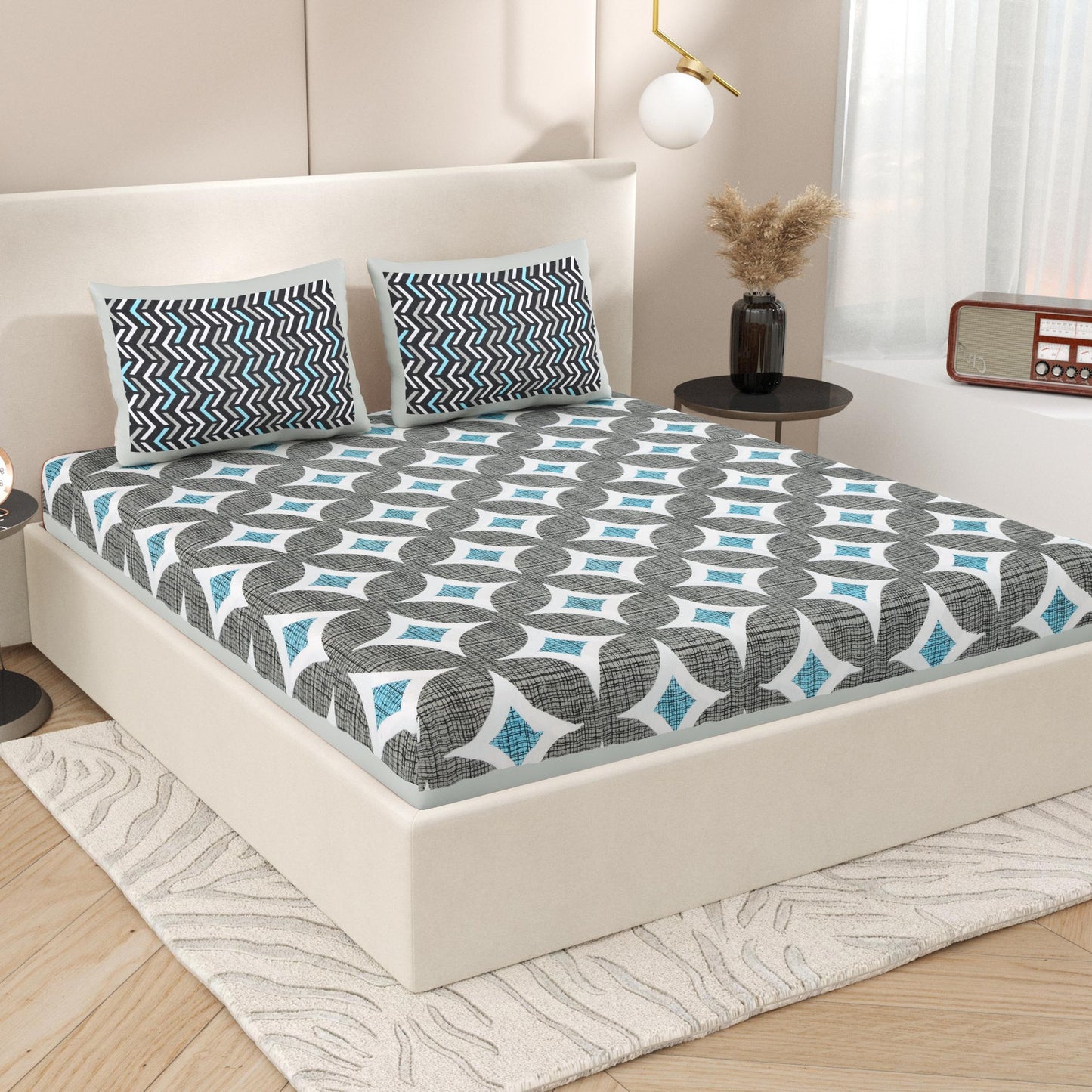 Lali Prints Grey Geometric Printed Cotton 130 TC Queen Bedsheet with 2 Pillow Covers
