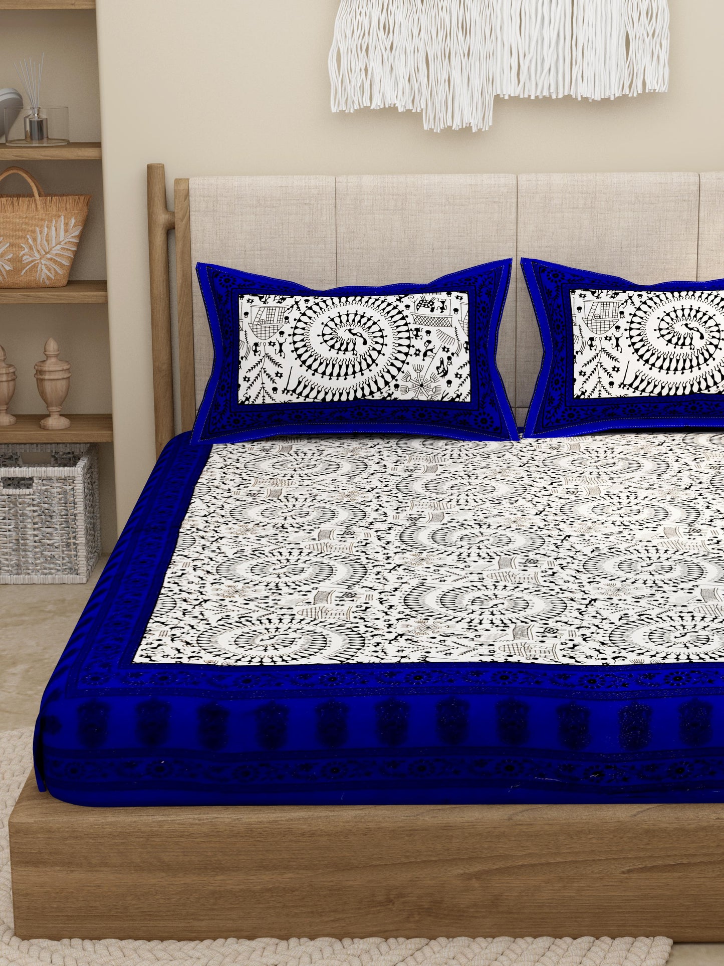 Lali Prints Blue Ethnic Block Printed Cotton 130 TC Queen Bedsheet with 2 Pillow Covers