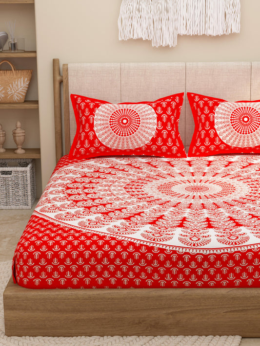 Lali Prints Red Ethnic Block Printed Cotton 130 TC Queen Bedsheet & 2 Pillow Covers