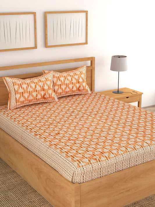 Lali Prints Brown & White Geometric 180 TC Cotton King Bedsheet with 2 Pillow Covers