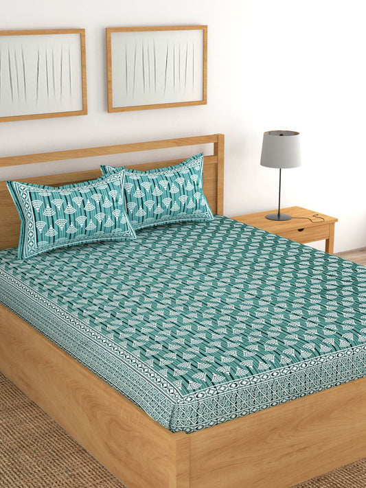 Lali Prints Green & White Geometric Cotton 180 TC King Bedsheet with 2 Pillow Covers