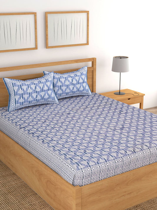 Lali Prints Blue & White Ethnic Motifs 180 TC Cotton King Bedsheet with 2 Pillow Covers