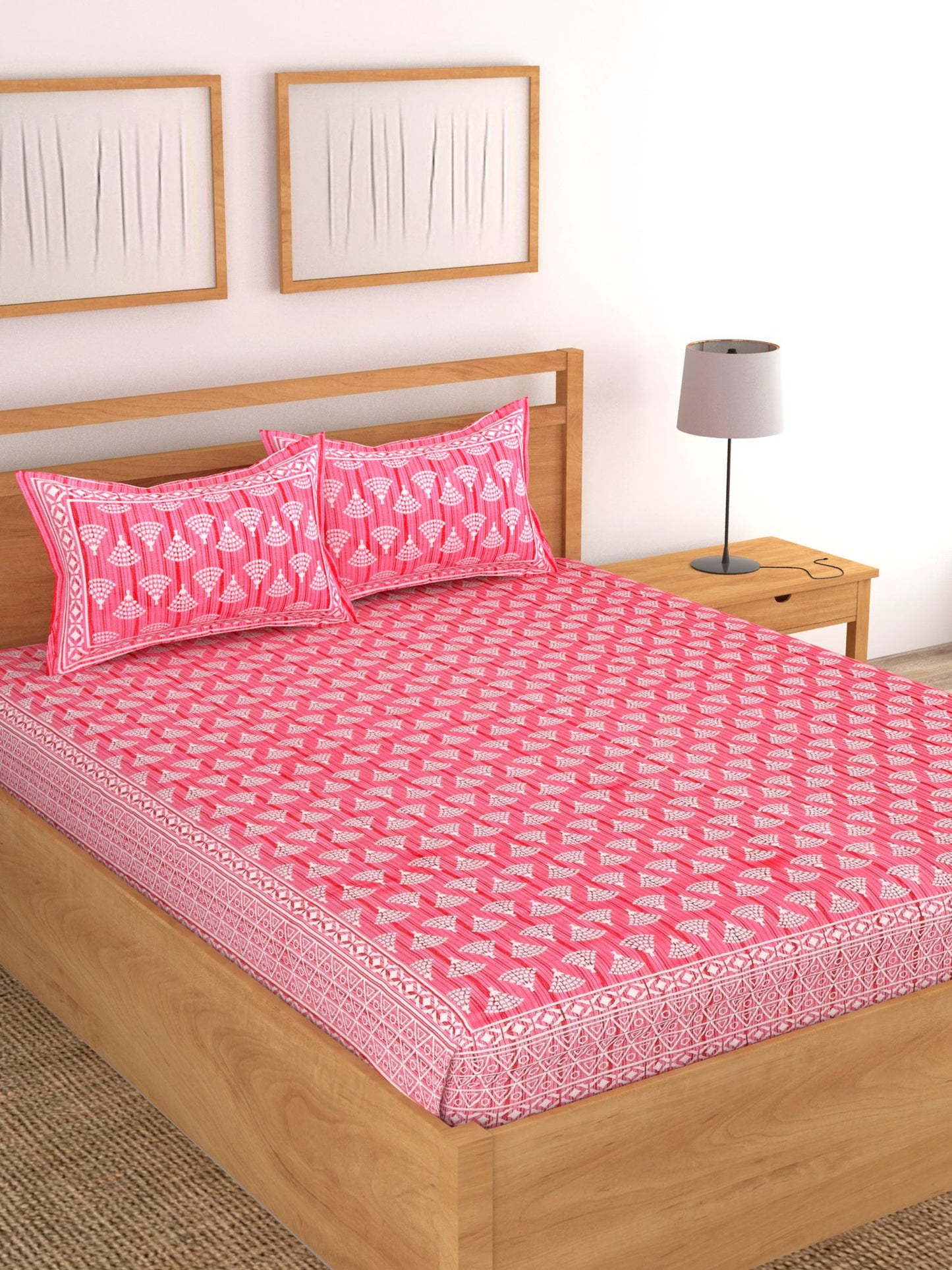 Lali Prints Pink & White Geometric Cotton 180 TC King Bedsheet with 2 Pillow Covers
