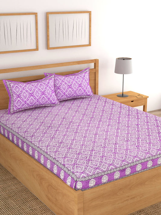 Lali Prints Purple & White Ethnic Motifs Cotton180 TC King Bedsheet With 2 Pillow Covers
