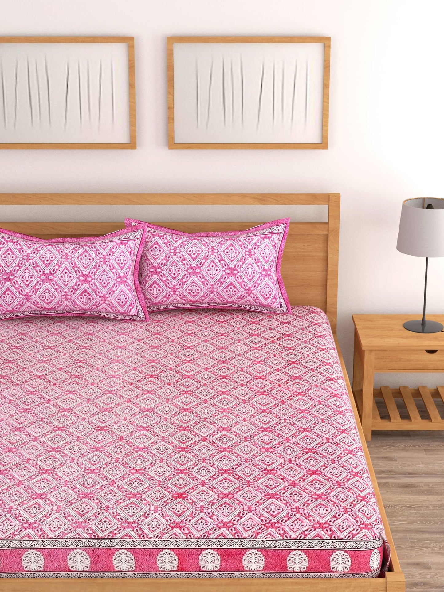 Lali Prints Pink & White Floral Cotton 180 TC King Bedsheet With 2 Pillow Covers