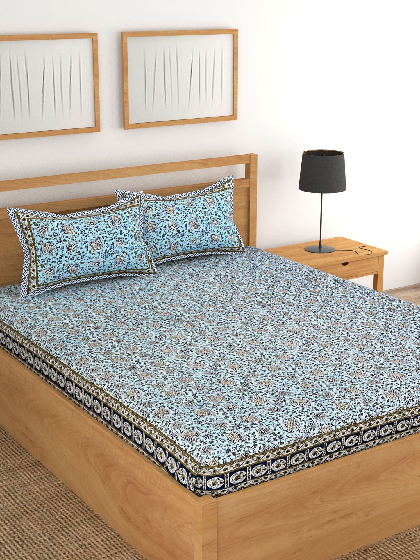Lali Prints Blue & White Floral 180 TC Cotton King Bedsheet with 2 Pillow Covers