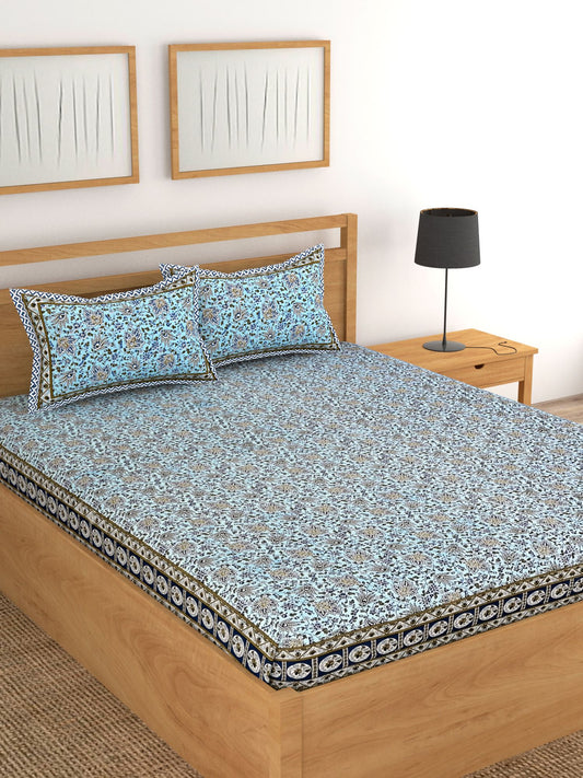 Lali Prints Blue & White Floral 180 TC Cotton King Bedsheet with 2 Pillow Covers
