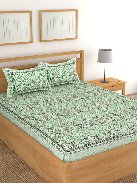 Lali Prints Green & White Ethnic Motifs Cotton 180 TC King Bedsheet with 2 Pillow Covers
