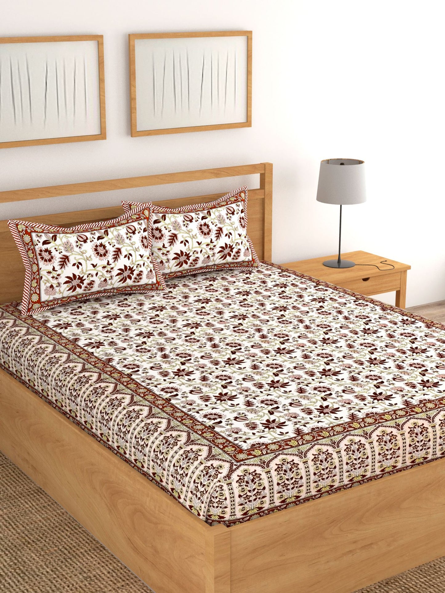 Lali Prints Peach-Coloured & White Floral 180 TC Cotton King Bedsheet with 2 Pillow Covers