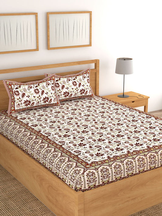 Lali Prints Peach-Coloured & White Floral 180 TC Cotton King Bedsheet with 2 Pillow Covers