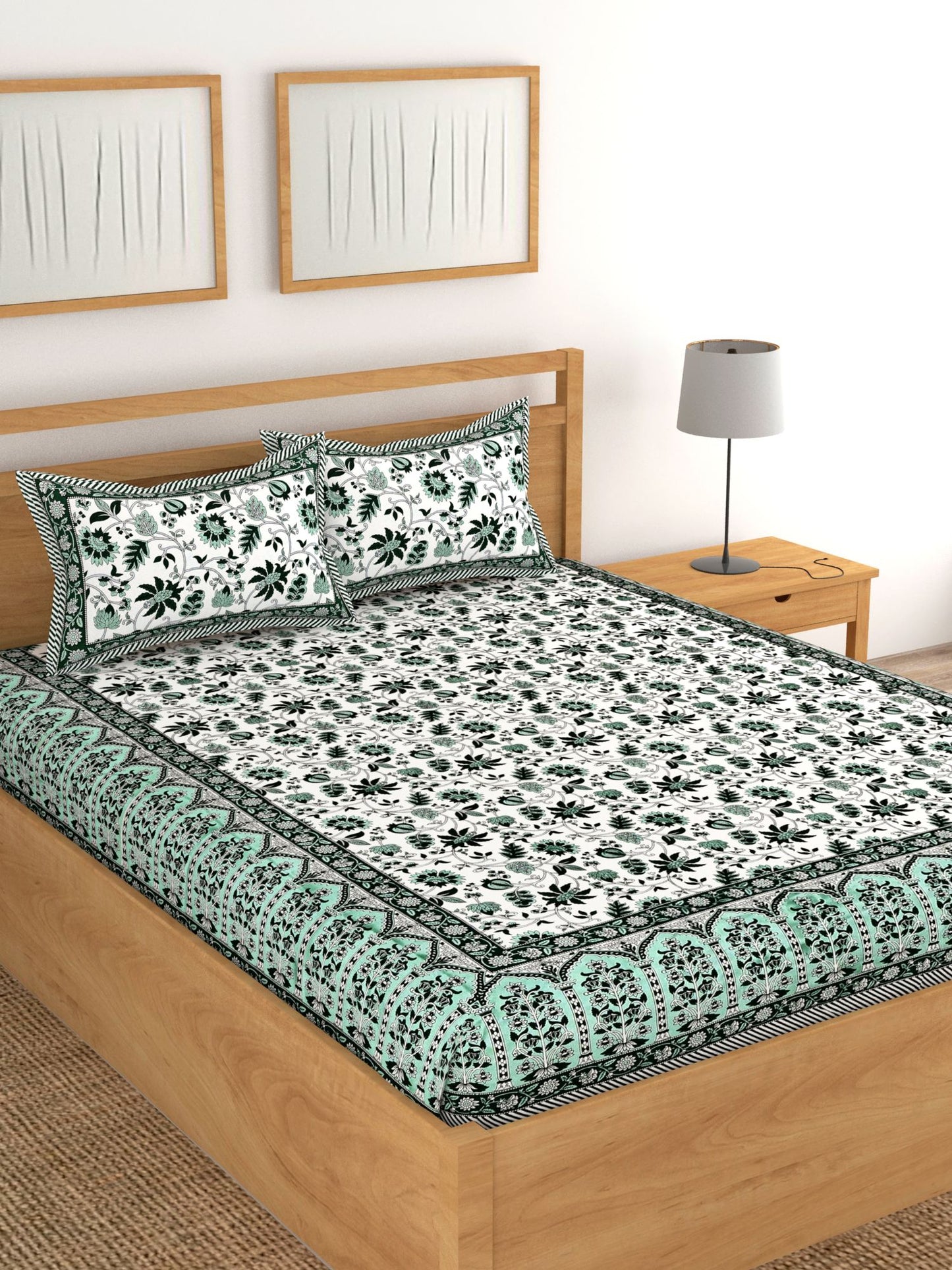 Lali Prints Green & White Floral 180 TC Cotton King Bedsheet with 2 Pillow Covers