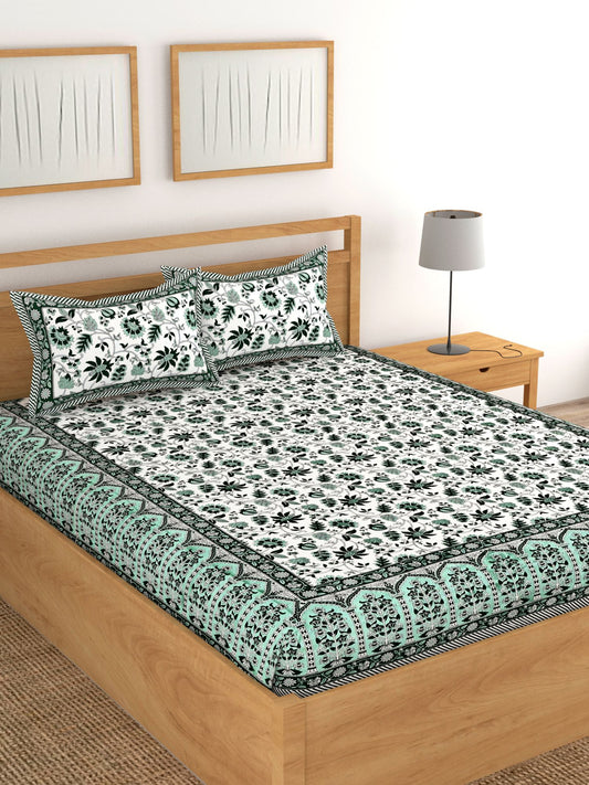 Lali Prints Green & White Floral 180 TC Cotton King Bedsheet with 2 Pillow Covers