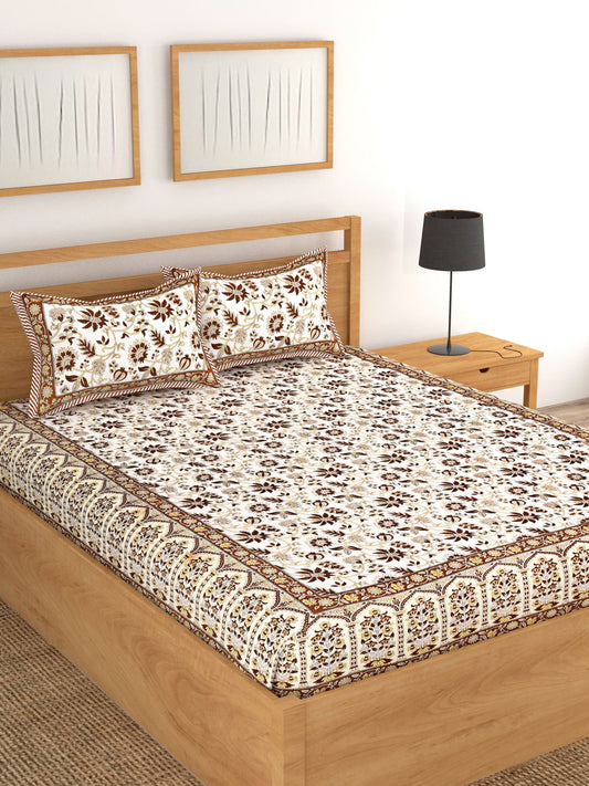 Lali Prints Brown & White Ethnic Motifs Cotton 180 TC King Bedsheet with 2 Pillow Covers