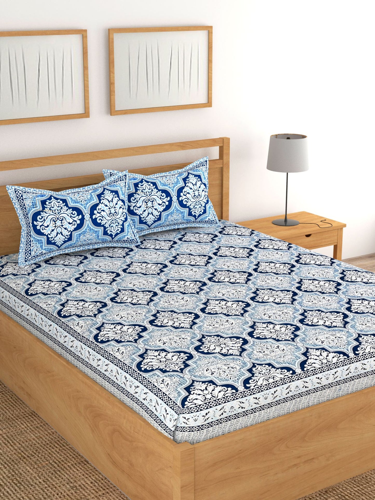 Lali Prints Blue & White Ethnic Motifs Cotton 180 TC King Bedsheet With 2 Pillow Covers