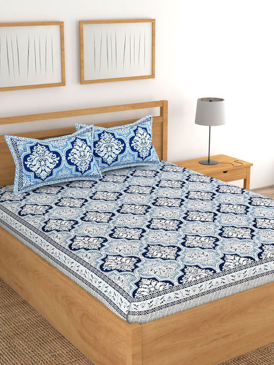 Lali Prints Blue & White Ethnic Motifs Cotton 180 TC King Bedsheet With 2 Pillow Covers