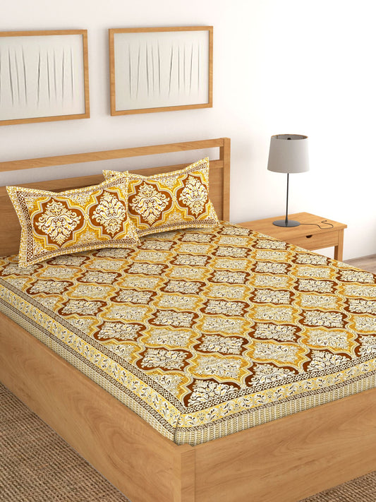 Lali Prints Yellow & White Ethnic Motifs Cotton 180 TC King Bedsheet With 2 Pillow Covers