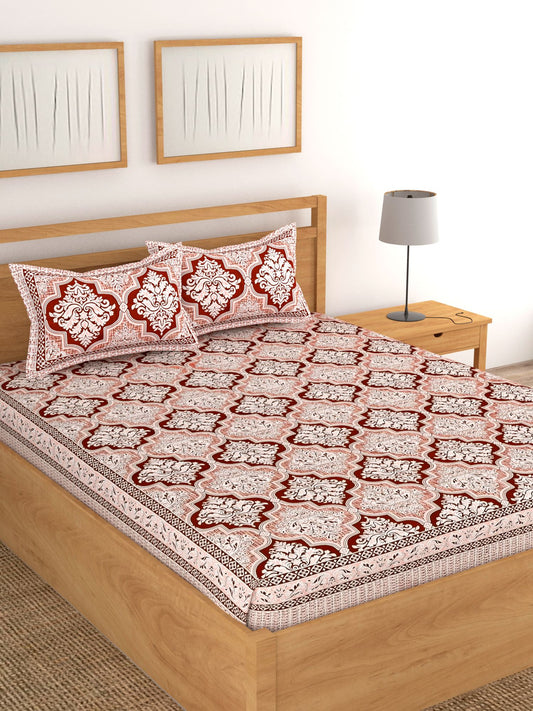 Lali Prints Peach & White Ethnic Motifs Cotton 180 TC King Bedsheet with 2 Pillow Covers