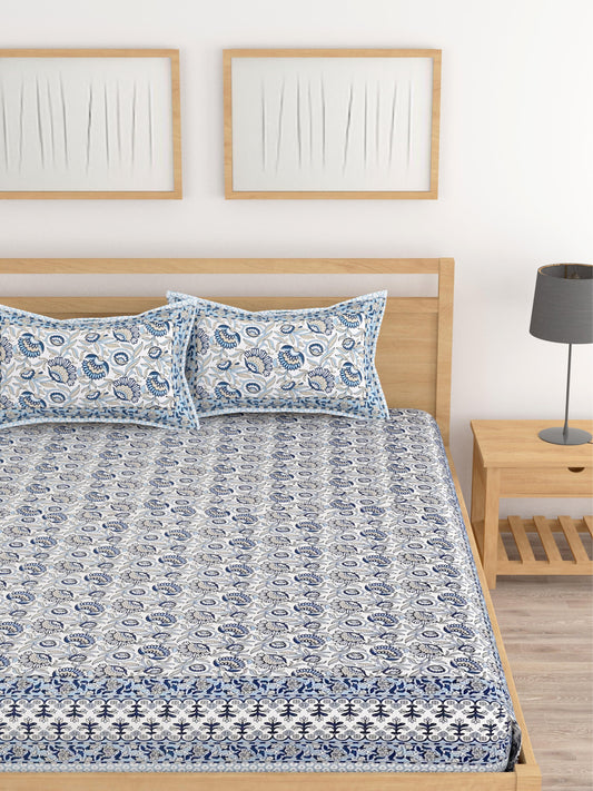 Lali Prints White & Blue Floral Printed 210 TC King Bedsheet With 2 Pillow Covers