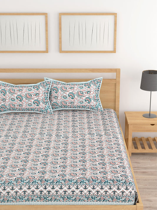 Lali Prints White & Pink Floral Printed 210 TC King Bedsheet With 2 Pillow Covers