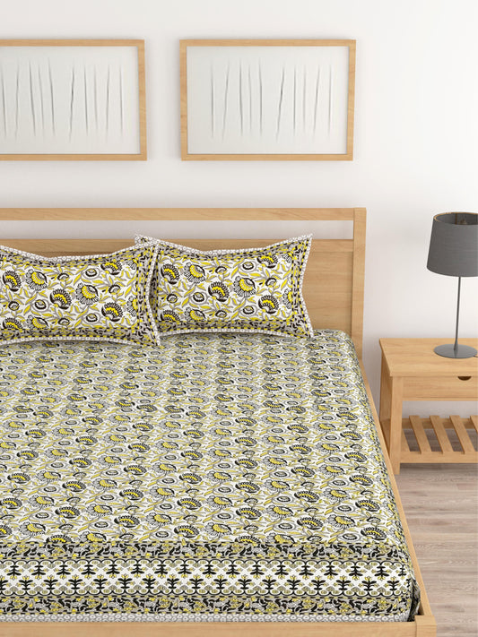 Lali Prints White & Yellow Ethnic Motifs Cotton 210 TC King Bedsheet with 2 Pillow Covers