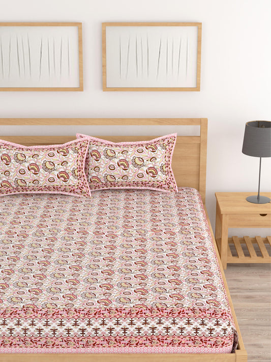 Lali Prints Pink & White Floral Cotton 210 TC King Bedsheet with 2 Pillow Covers