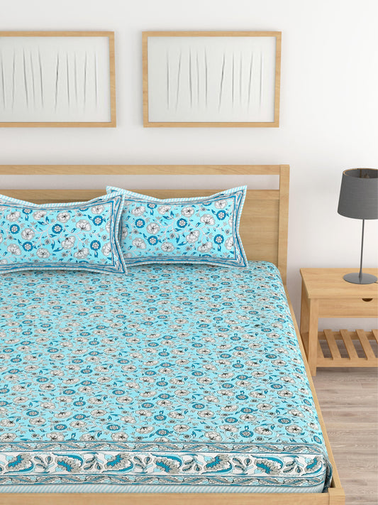 Lali Prints Blue Floral Cotton 210 TC King Bedsheet with 2 Pillow Covers