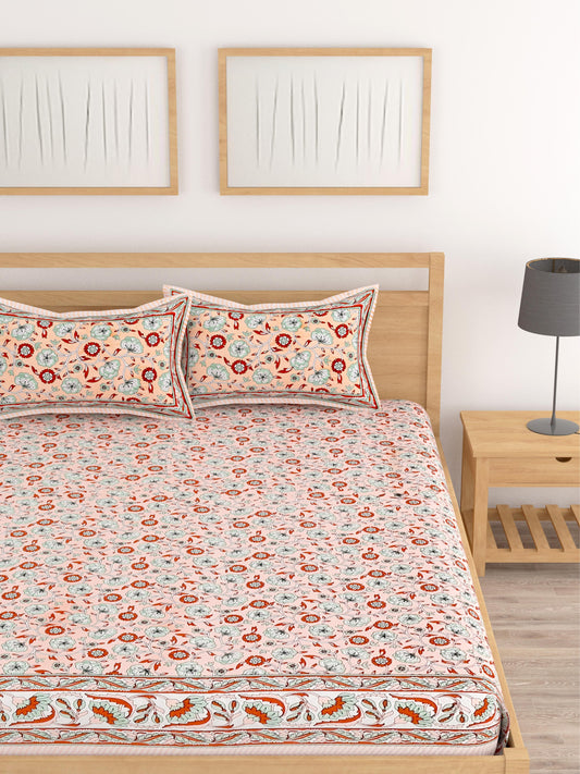 Lali Prints Peach-Coloured Floral Cotton 210 TC King Bedsheet with 2 Pillow Covers