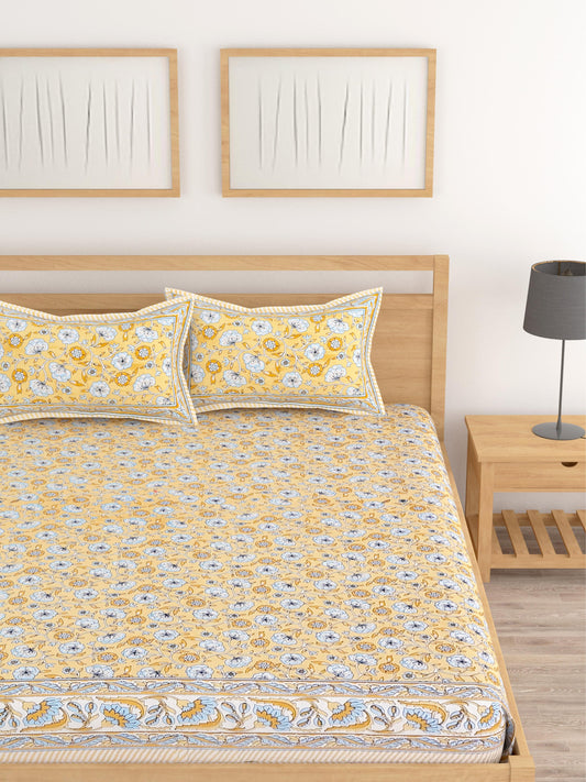 Lali Prints Yellow Floral Cotton 210 TC King Bedsheet with 2 Pillow Covers