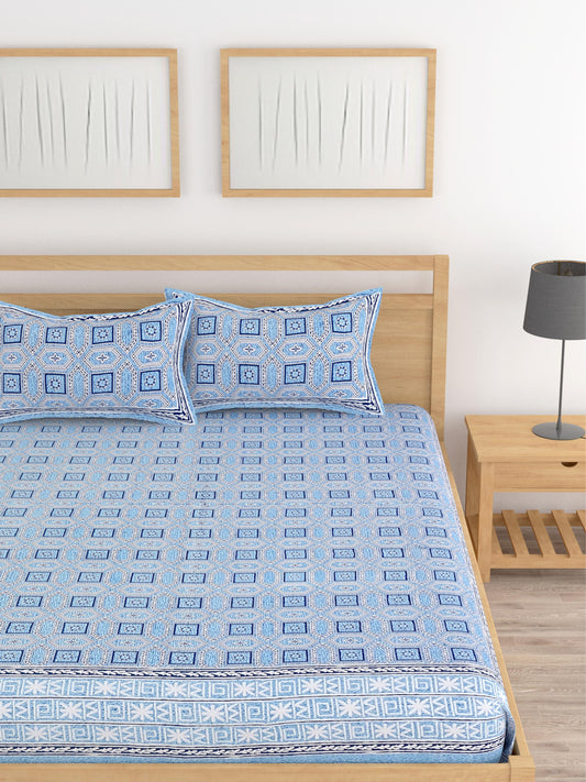 Lali Prints Blue Geometric Cotton 210 TC King Bedsheet with 2 Pillow Covers