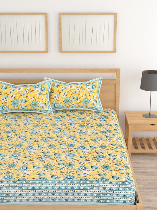 Lali Prints Yellow & Blue Floral Cotton 210 TC King Bedsheet with 2 Pillow Covers