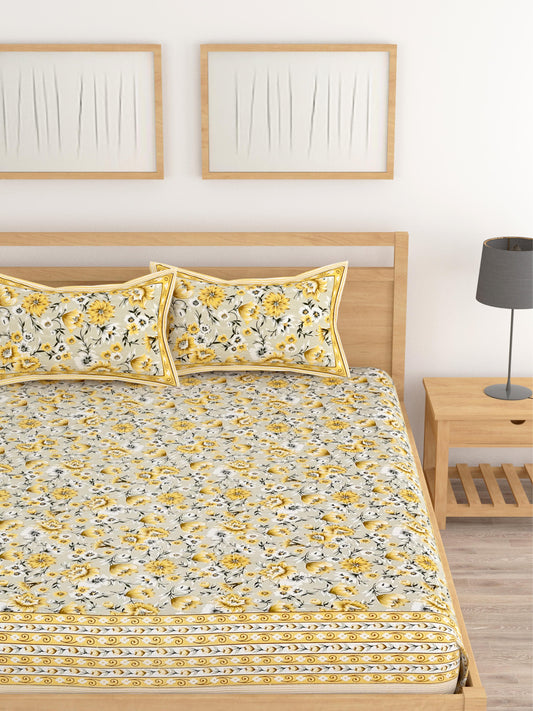 Lali Prints Brown & Yellow Floral Cotton 210 TC King Bedsheet with 2 Pillow Covers