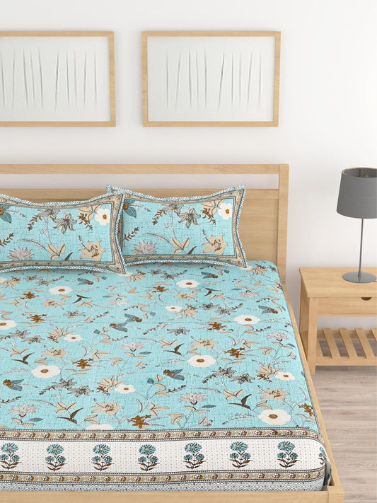 Lali Prints Blue Floral Printed 210 TC King Bedsheet With 2 Pillow Covers