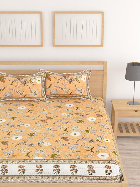Lali Prints Brown & White Floral Cotton 210 TC King Bedsheet with 2 Pillow Covers