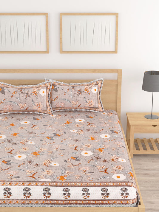 Lali Prints Coffee Brown Floral Printed 210 TC King Bedsheet With 2 Pillow Covers