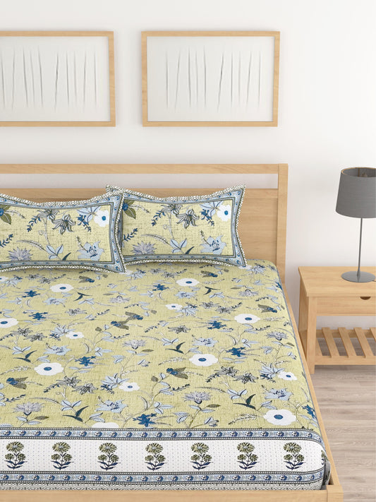 Lali Prints Olive Green Floral Cotton 210 TC King Bedsheet with 2 Pillow Covers
